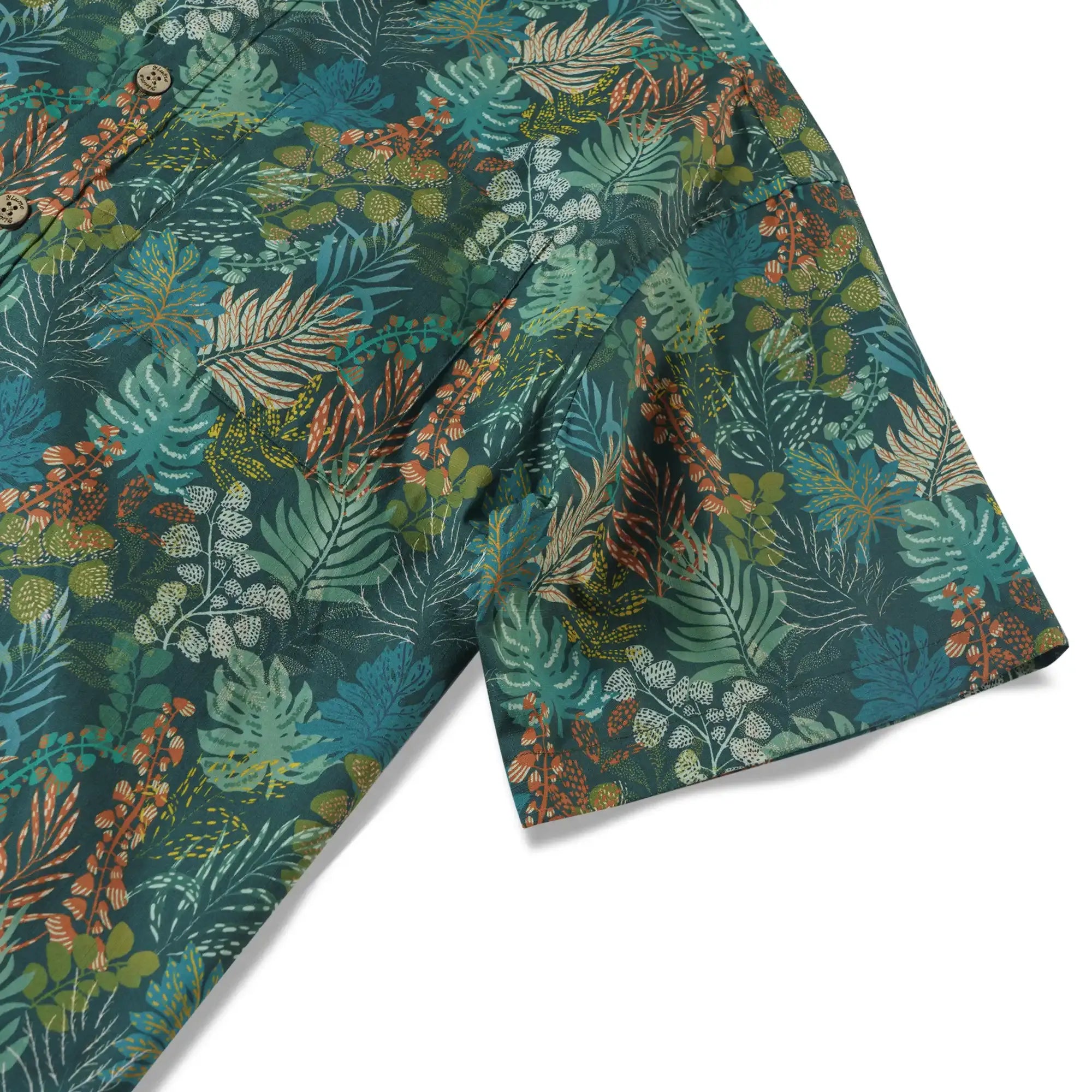 Men's Hawaiian Shirt Short Sleeve Button-down 100% Cotton Green Shirt Aloha Tropical Night Emerald Leaves By Annick