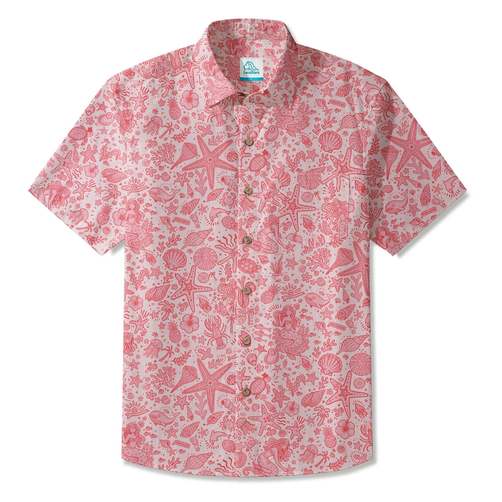 Chemise hawaïenne pour homme LeosWare® à manches courtes, boutonnée, 100 % coton, Aloha, rose doux, motifs océaniques par Huan huan