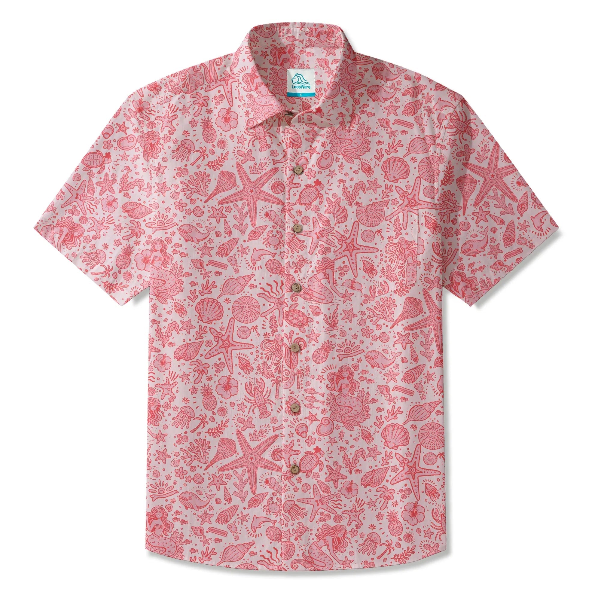 Chemise hawaïenne pour homme LeosWare® à manches courtes, boutonnée, 100 % coton, Aloha, rose doux, motifs océaniques par Huan huan