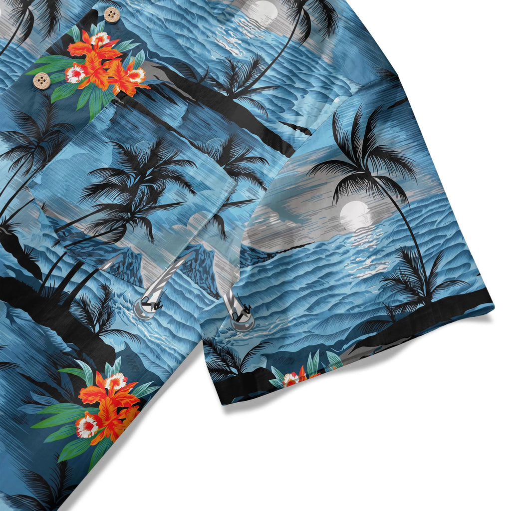 LeosWare® Men's Hawaiian Shirt Short Sleeve Button-up 100% Cotton Blue Aloha Blue-tinged Island Moonlit Night By Ann