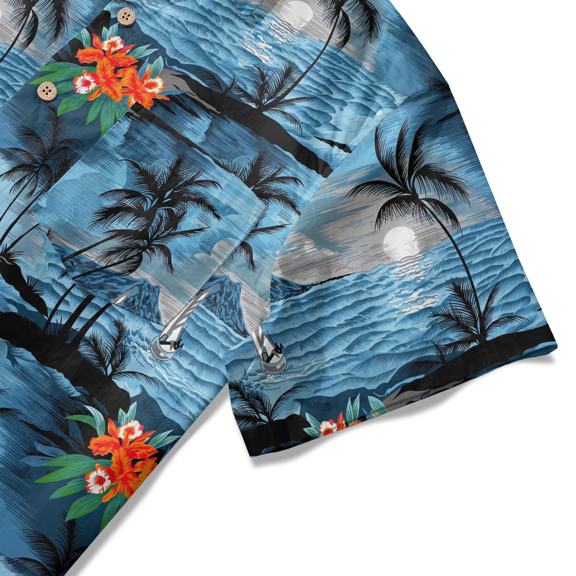 LeosWare® Men's Hawaiian Shirt Short Sleeve Button-up 100% Cotton Blue Aloha Blue-tinged Island Moonlit Night By Ann
