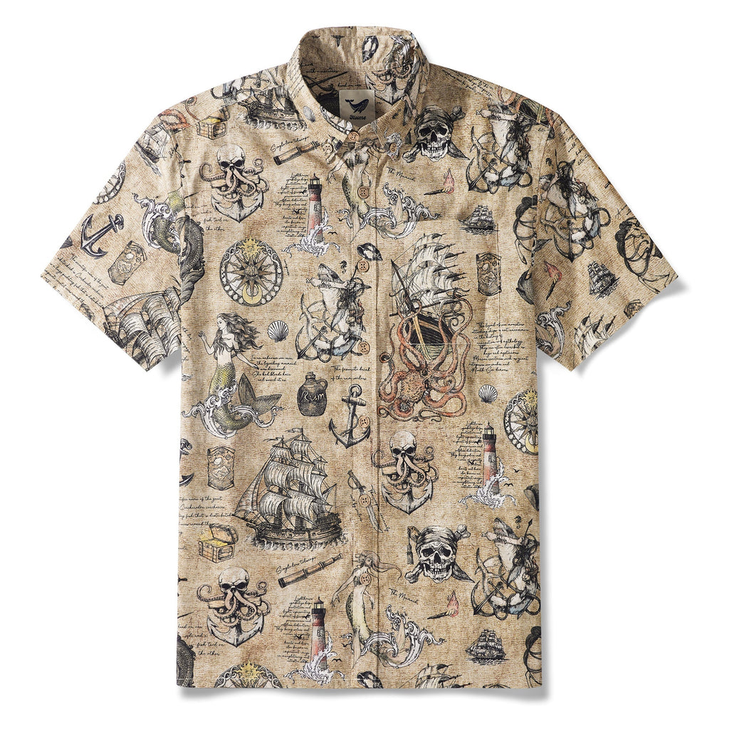 Men's Hawaiian Shirt Short Sleeve Button-down 100% Cotton Beige Aloha Pirate’s Log: The Sea Monster By Yakima