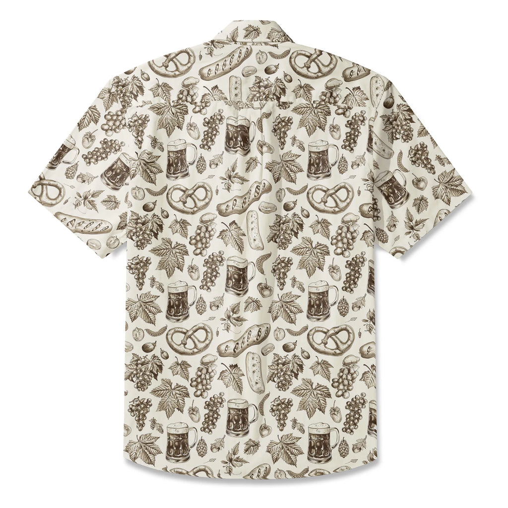 LeosWare® Men's Hawaiian Shirt Short Sleeve Button-up 100% Cotton Beige Aloha Vintage Oktoberfest Sketch By Ann