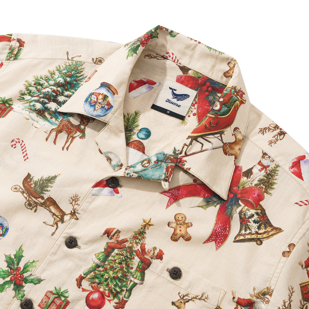 Vintage Christmas 100% Cotton Men's Aloha Hawaiian Short Sleeve Camp Collar Shirt By Yana