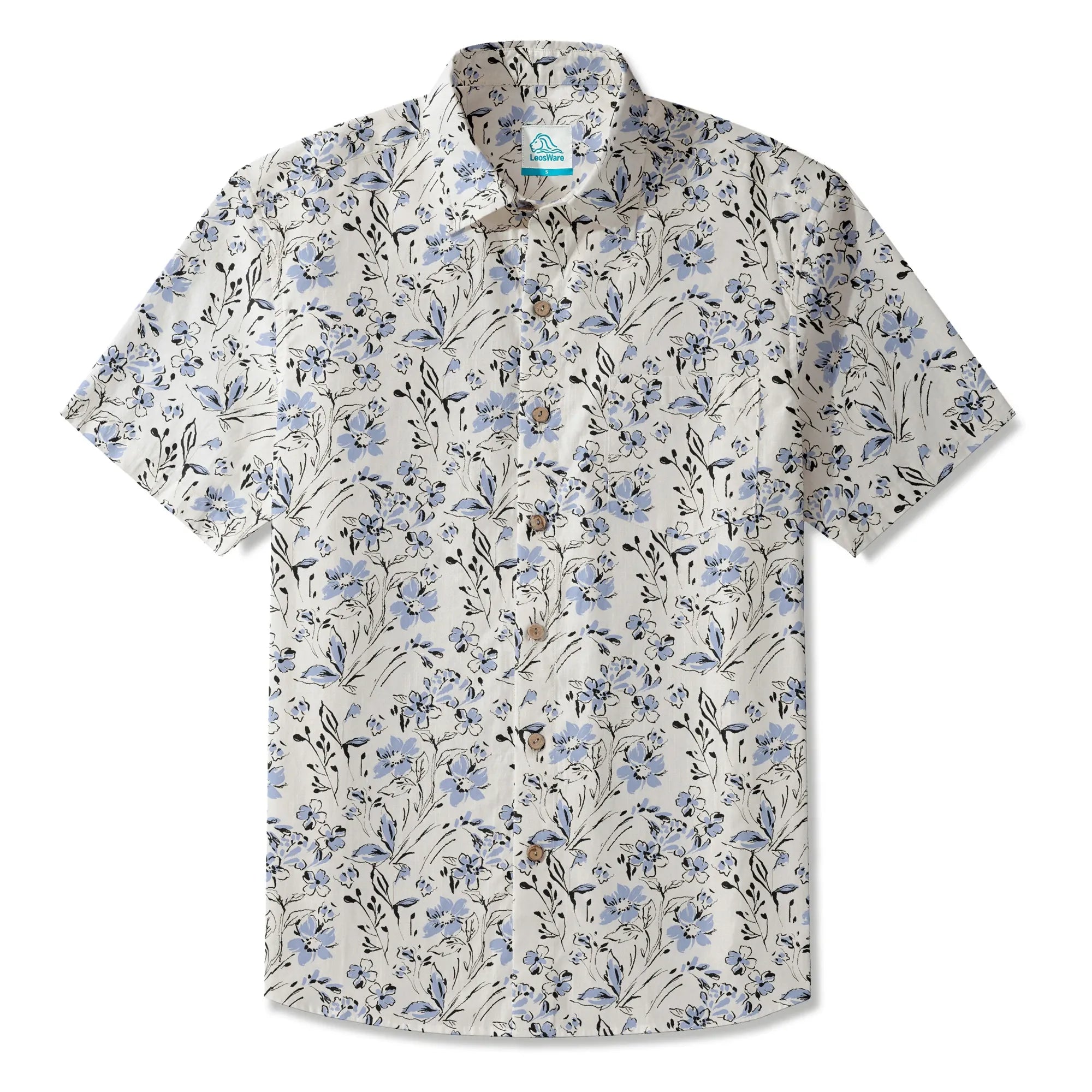 LeosWare® Men's Hawaiian Shirt Short Sleeve Button-up 100% Cotton Blue Aloha Graceful Sky Flowers By Huan huan