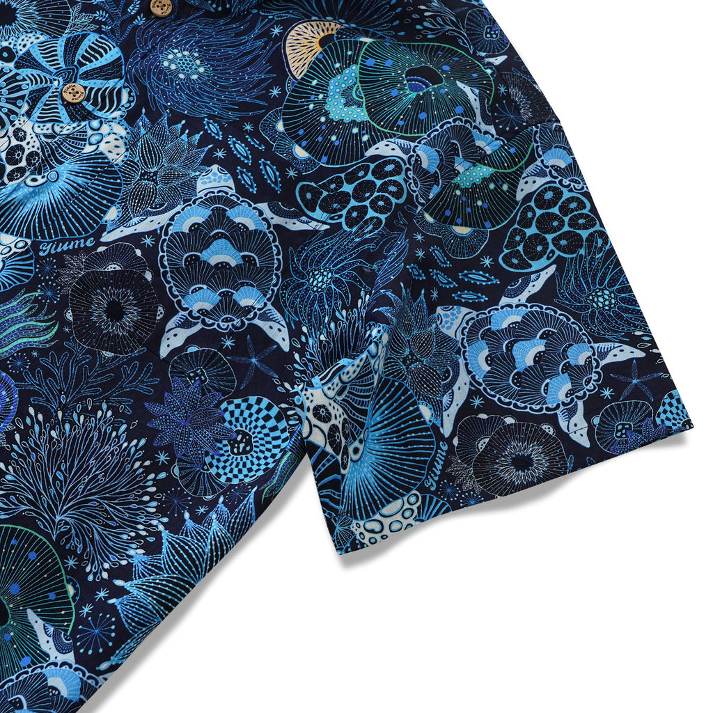 Sea Turtle Men's Hawaiian Shirt Short Sleeve Button-down 100% Cotton Blue Aloha Reef Rules By Mo