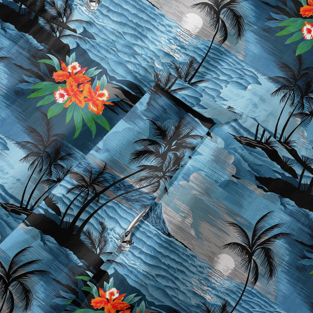 LeosWare® Men's Hawaiian Shirt Short Sleeve Button-up 100% Cotton Blue Aloha Blue-tinged Island Moonlit Night By Ann