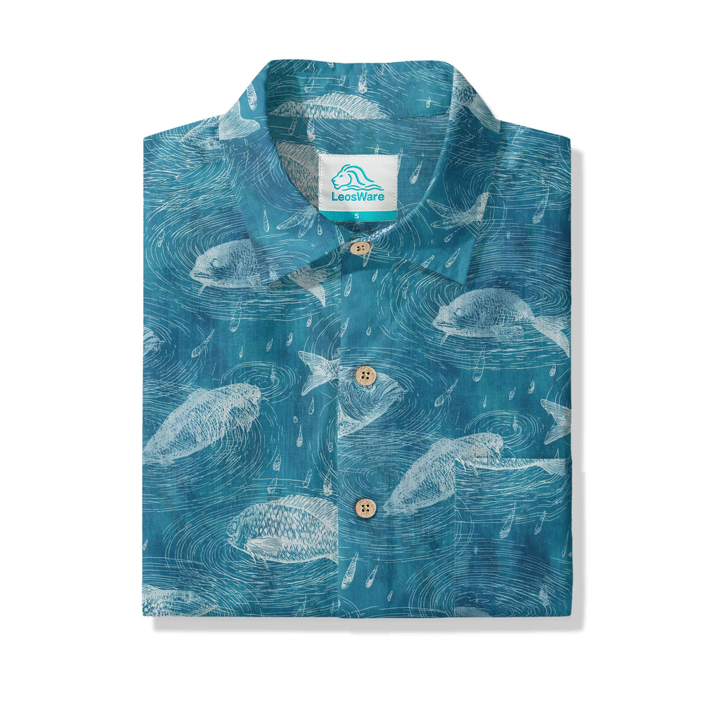 LeosWare® Men's Hawaiian Shirt Short Sleeve Button-up 100% Cotton Aloha Rain Falls On Green Pond By Ann