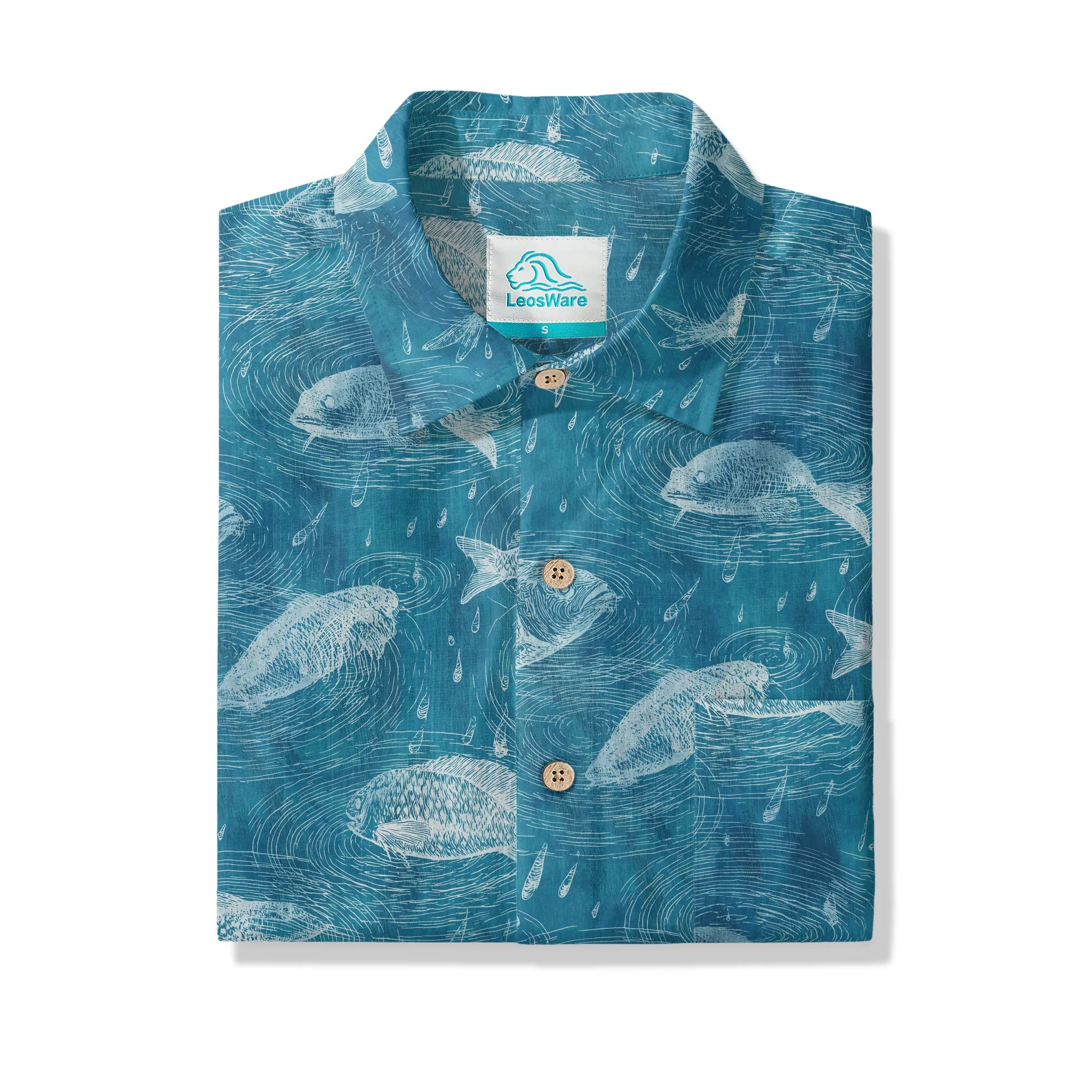 LeosWare® Men's Hawaiian Shirt Short Sleeve Button-up 100% Cotton Aloha Rain Falls On Green Pond By Ann