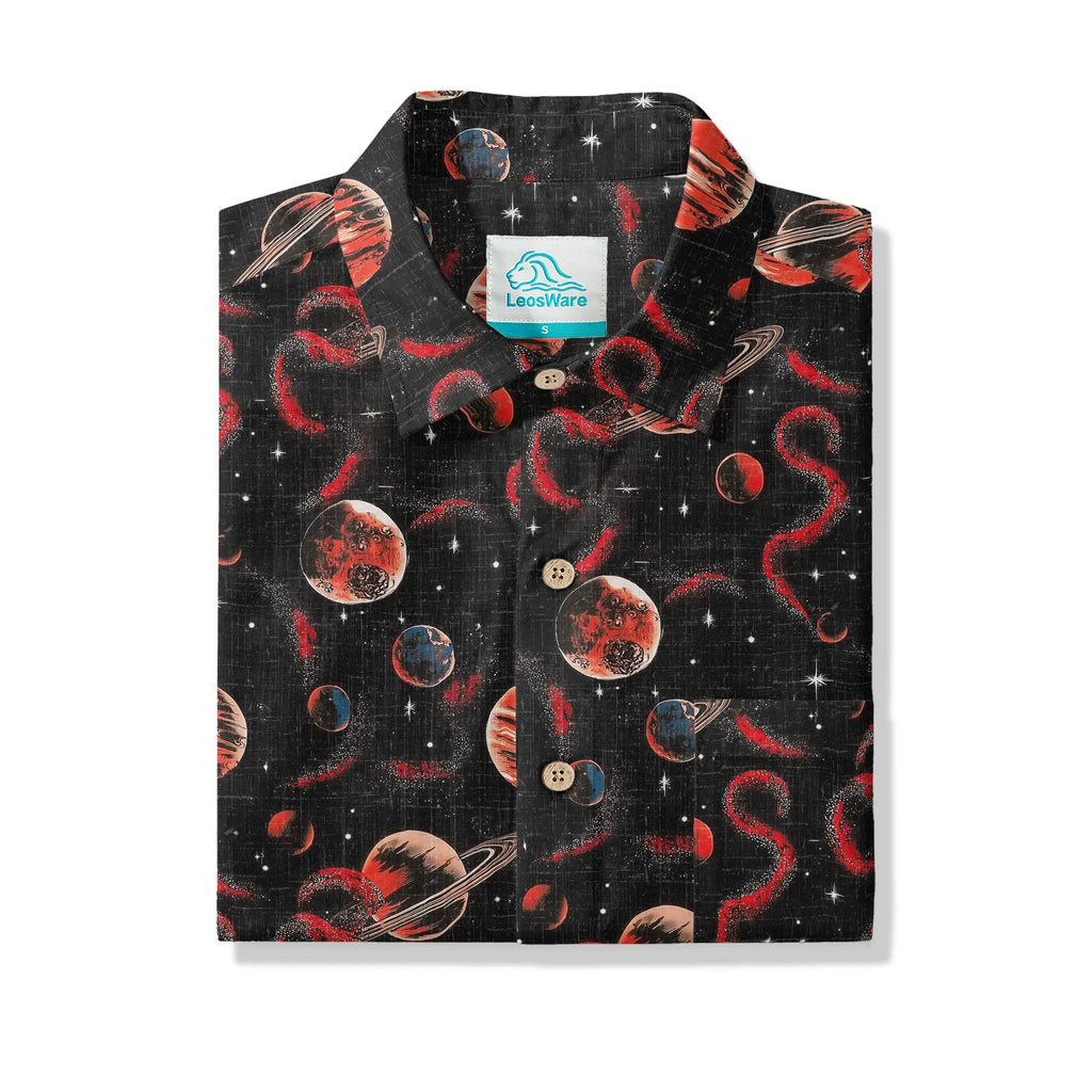 LeosWare® Men's Hawaiian Shirt Short Sleeve Button-up 100% Cotton Black Apace Aloha Crimson Celestial River By Ann