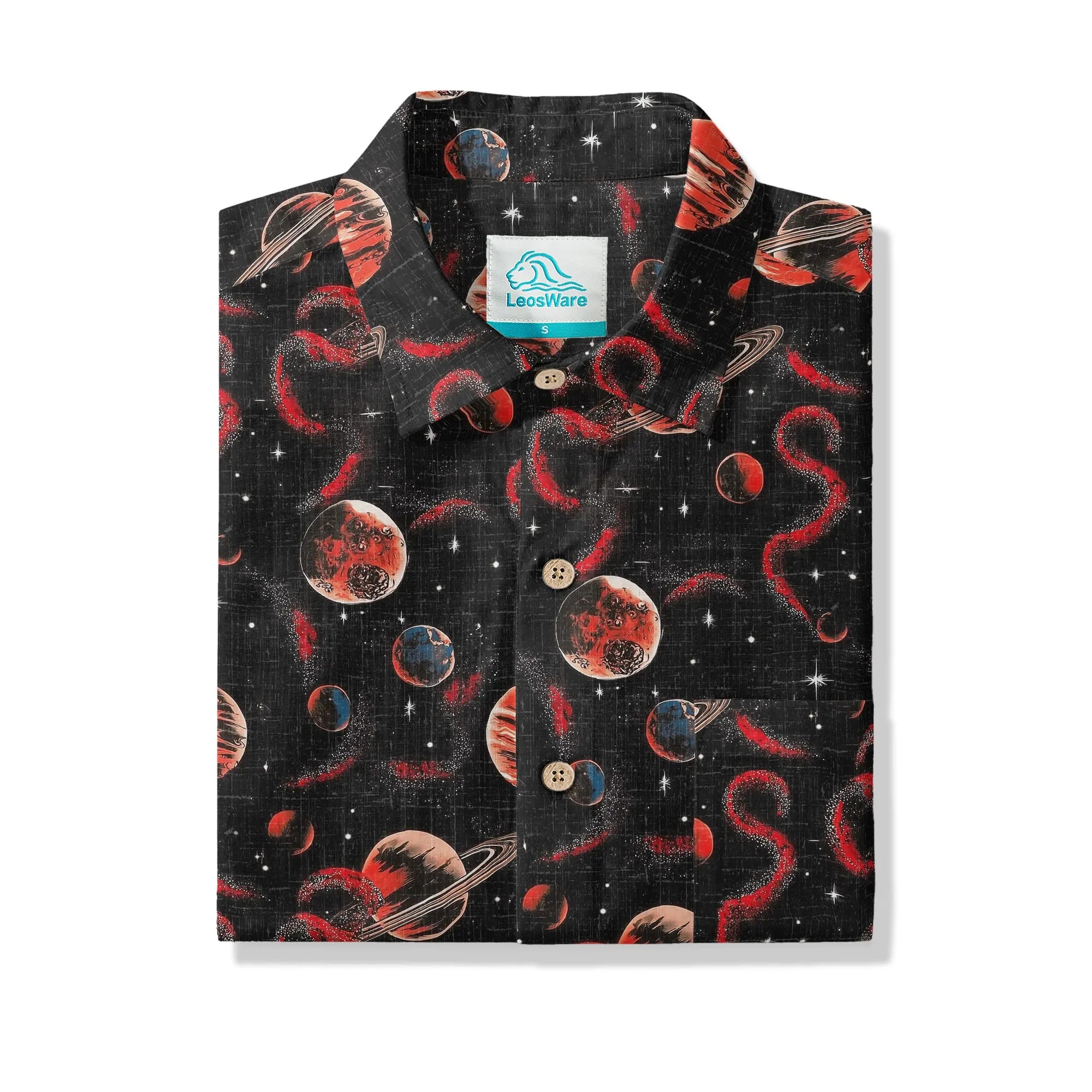 LeosWare® Men's Hawaiian Shirt Short Sleeve Button-up 100% Cotton Black Apace Aloha Crimson Celestial River By Ann