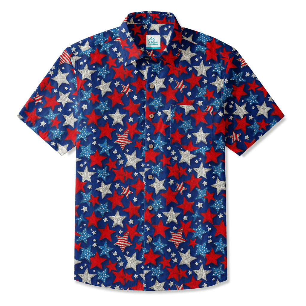 LeosWare® Men's Hawaiian Shirt Short Sleeve Button-up 100% Cotton Blue Aloha Stellar Summer Comics By Ann