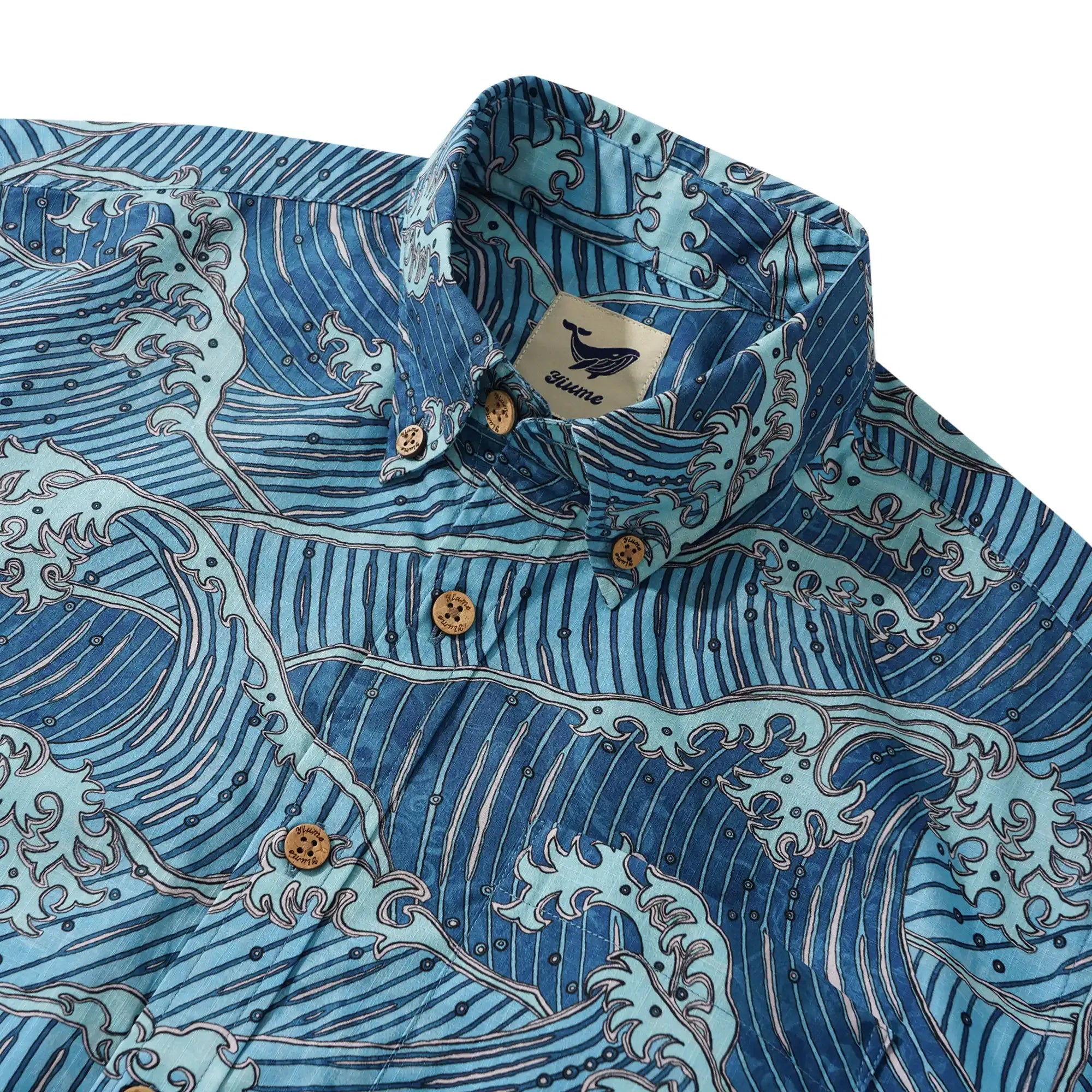 Men's Hawaiian Shirt Short Sleeve Button-down 100% Cotton Blue Aloha Surging Waves Of Ukiyo-e By Mo
