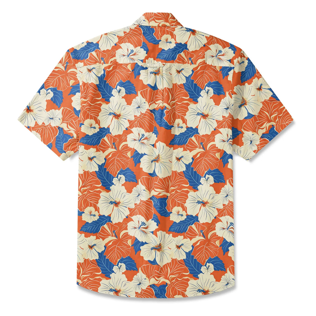 LeosWare® Men's Hawaiian Shirt Short Sleeve Button-up 100% Cotton Orange Aloha Orange Blue Hibiscus Whispers By Ann