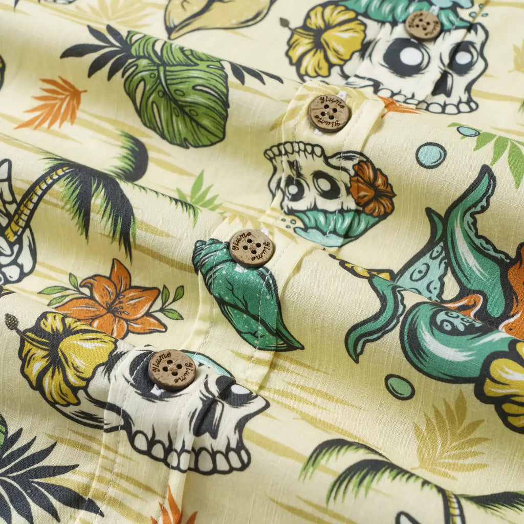 Men's Tropical Hawaiian Shirt 1990s Vintage Skull Shirt Short Sleeve Button-down100% Cotton Green Shirt Aloha Tropical Wilderness Skull By Laihha Organna