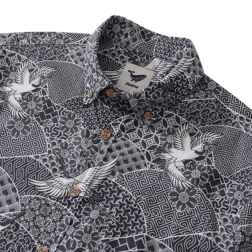 Gray Crane Shirt For Men Cotton Hawaiian Shirt Fun Aloha Shirt Button-down Short Sleeve Shirt Soaring Crane Auspicious By Sun