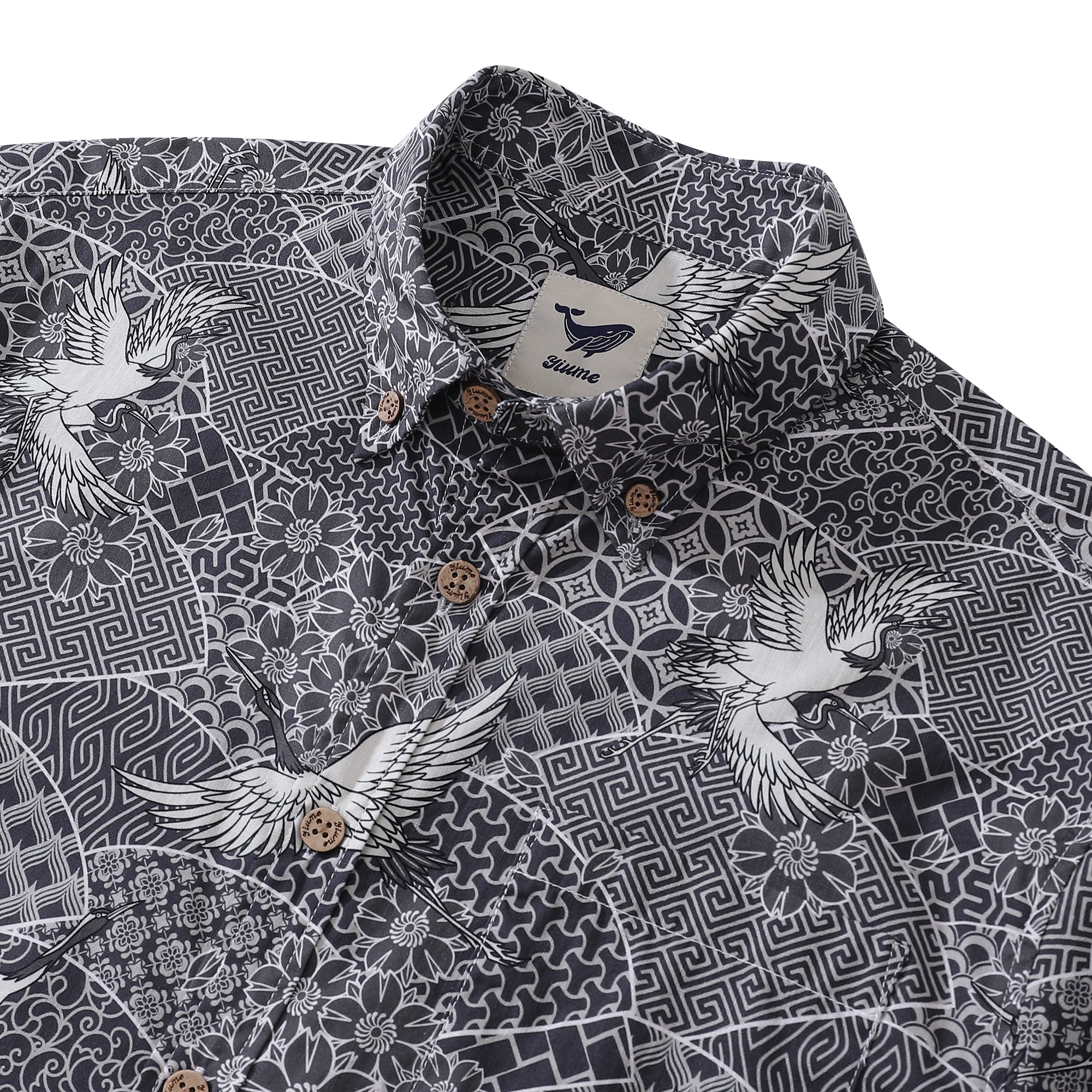 Gray Crane Shirt For Men Cotton Hawaiian Shirt Fun Aloha Shirt Button-down Short Sleeve Shirt Soaring Crane Auspicious By Sun
