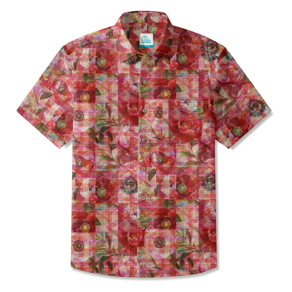 LeosWare® Plaid Men's Hawaiian Shirt Short Sleeve Button-up 100% Cotton Red Aloha Patterned Floral Impressions By Ann