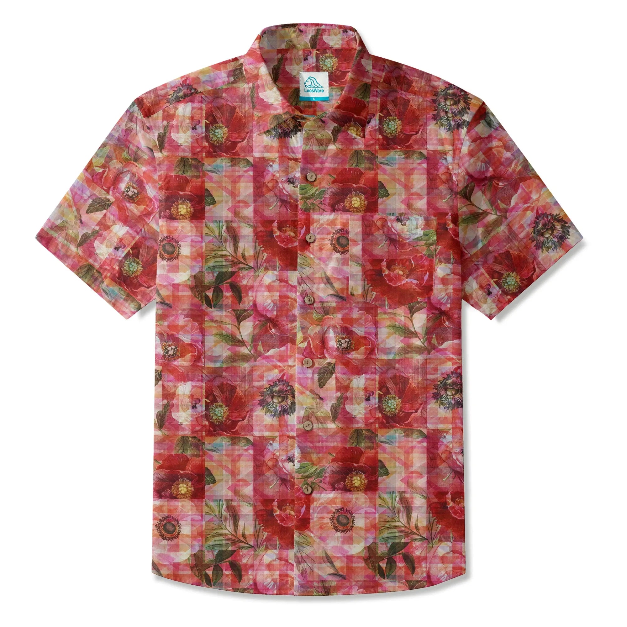 LeosWare® Plaid Men's Hawaiian Shirt Short Sleeve Button-up 100% Cotton Red Aloha Patterned Floral Impressions By Ann