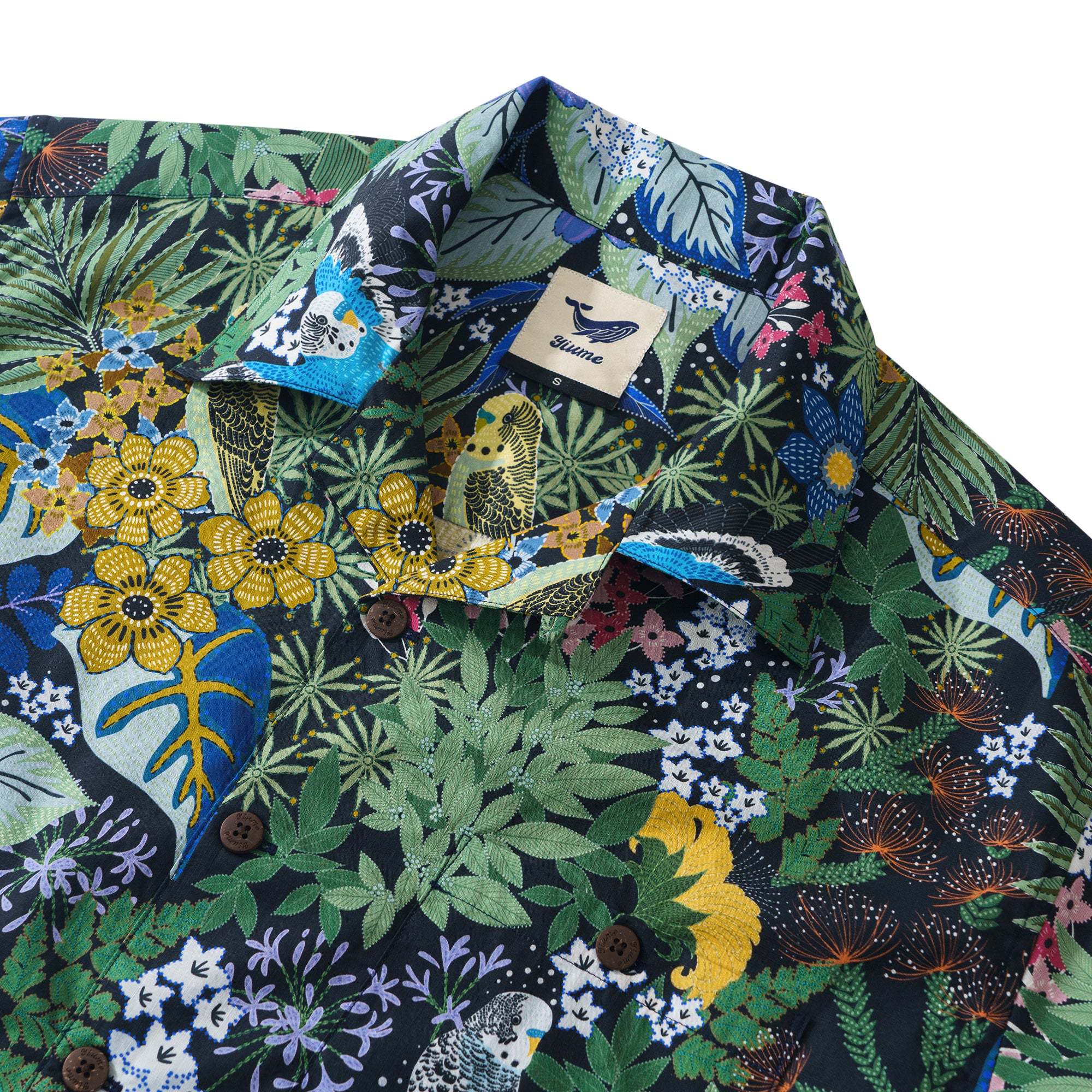 Yiume Tropical Hawaiian Shirt For Men 100% Cotton Short Sleeve Green Camp Collar Parrot Aloha Shirt Parrot's Garden By Zeke