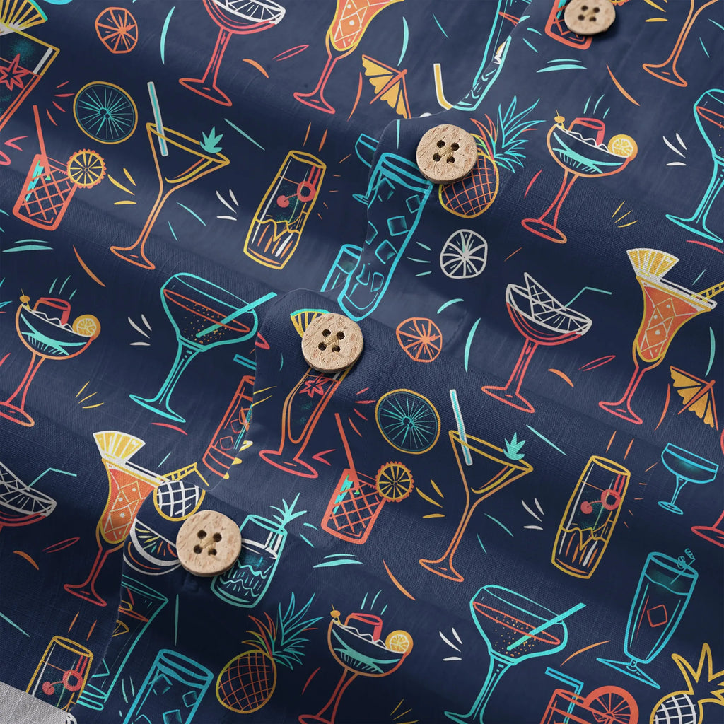 LeosWare® Men's Hawaiian Shirt Short Sleeve Button-up 100% Cotton Blue Aloha Neon Cocktail Night By Ann