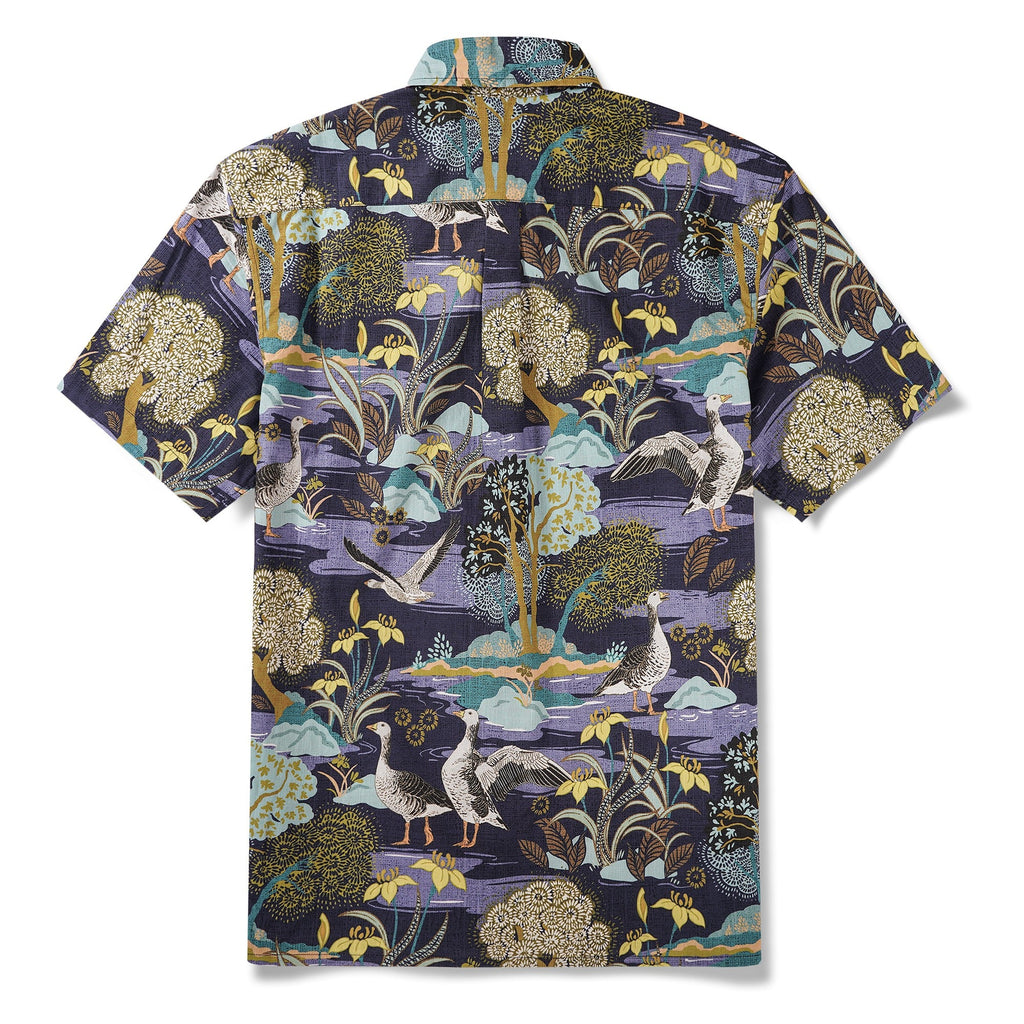Men's Hawaiian Shirt Short Sleeve Button-down 100% Cotton Blue Aloha The Yellow Iris River By Abigail Bryan
