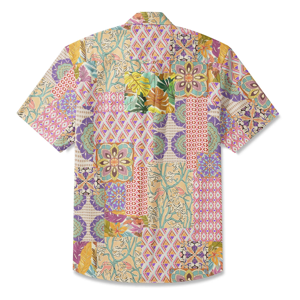 LeosWare® Men's Hawaiian Shirt Short Sleeve Button-up 100% Cotton Yellow Aloha Bohemian Patchwork Paradise By Huan huan