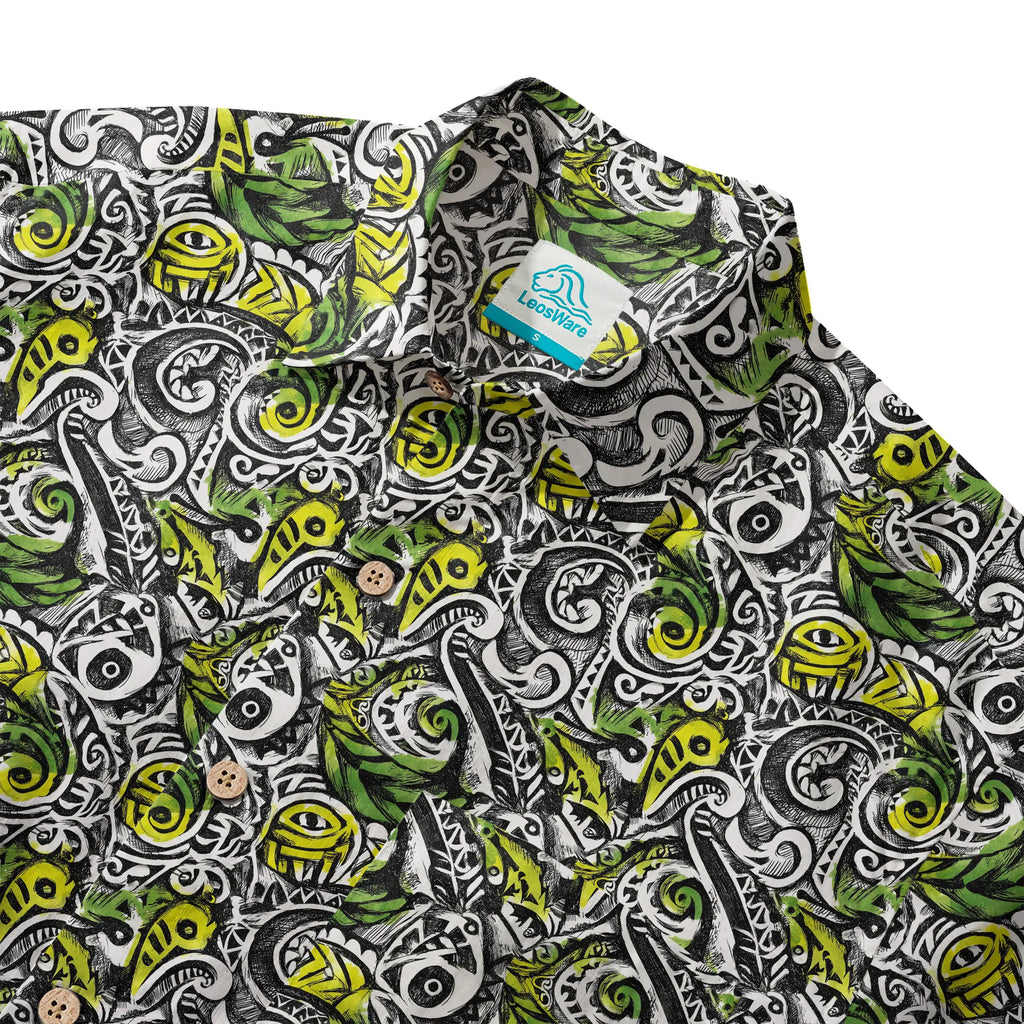 LeosWare® Men's Hawaiian Shirt Short Sleeve Button-up 100% Cotton Black Aloha Polynesian Totem By Ann