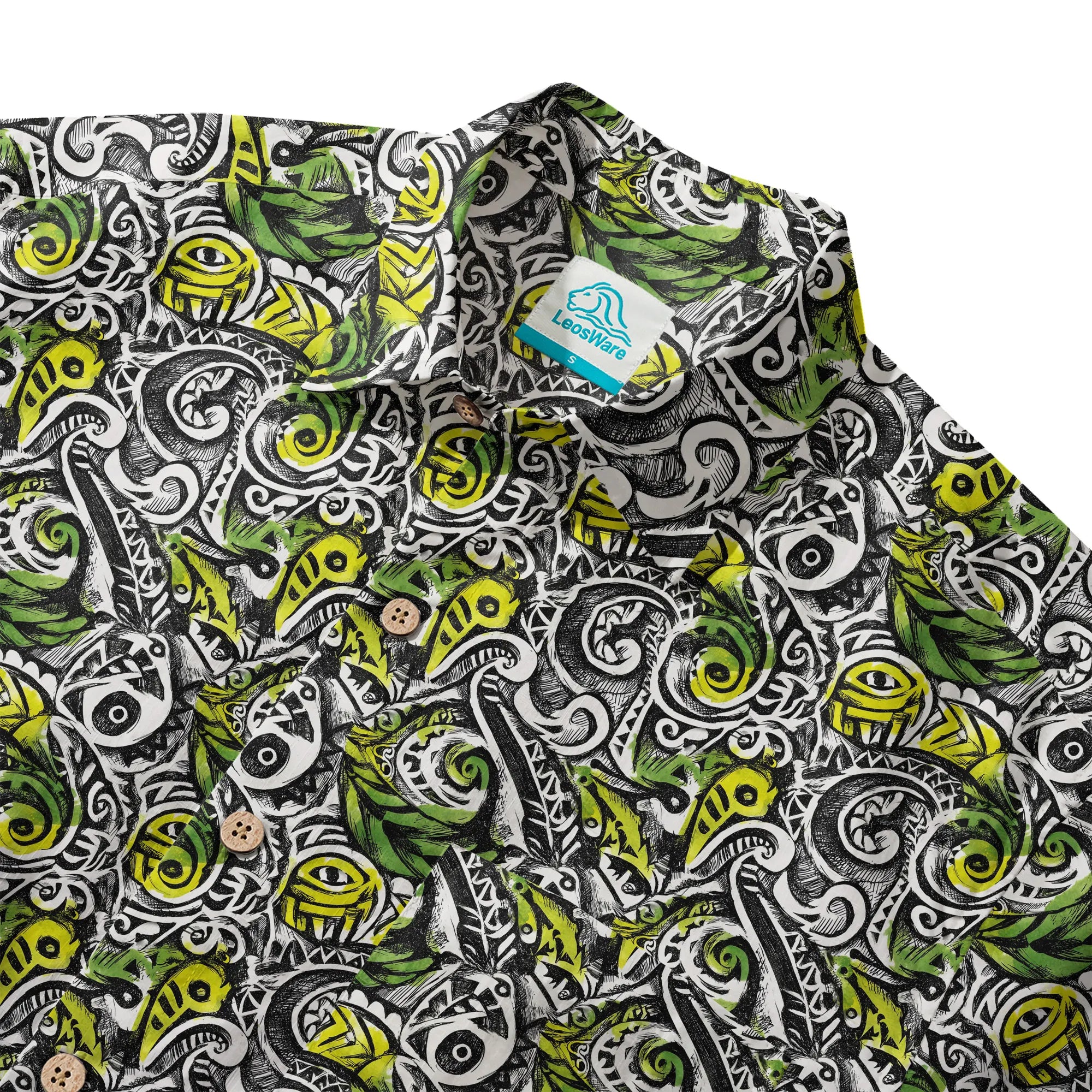 LeosWare® Men's Hawaiian Shirt Short Sleeve Button-up 100% Cotton Black Aloha Polynesian Totem By Ann