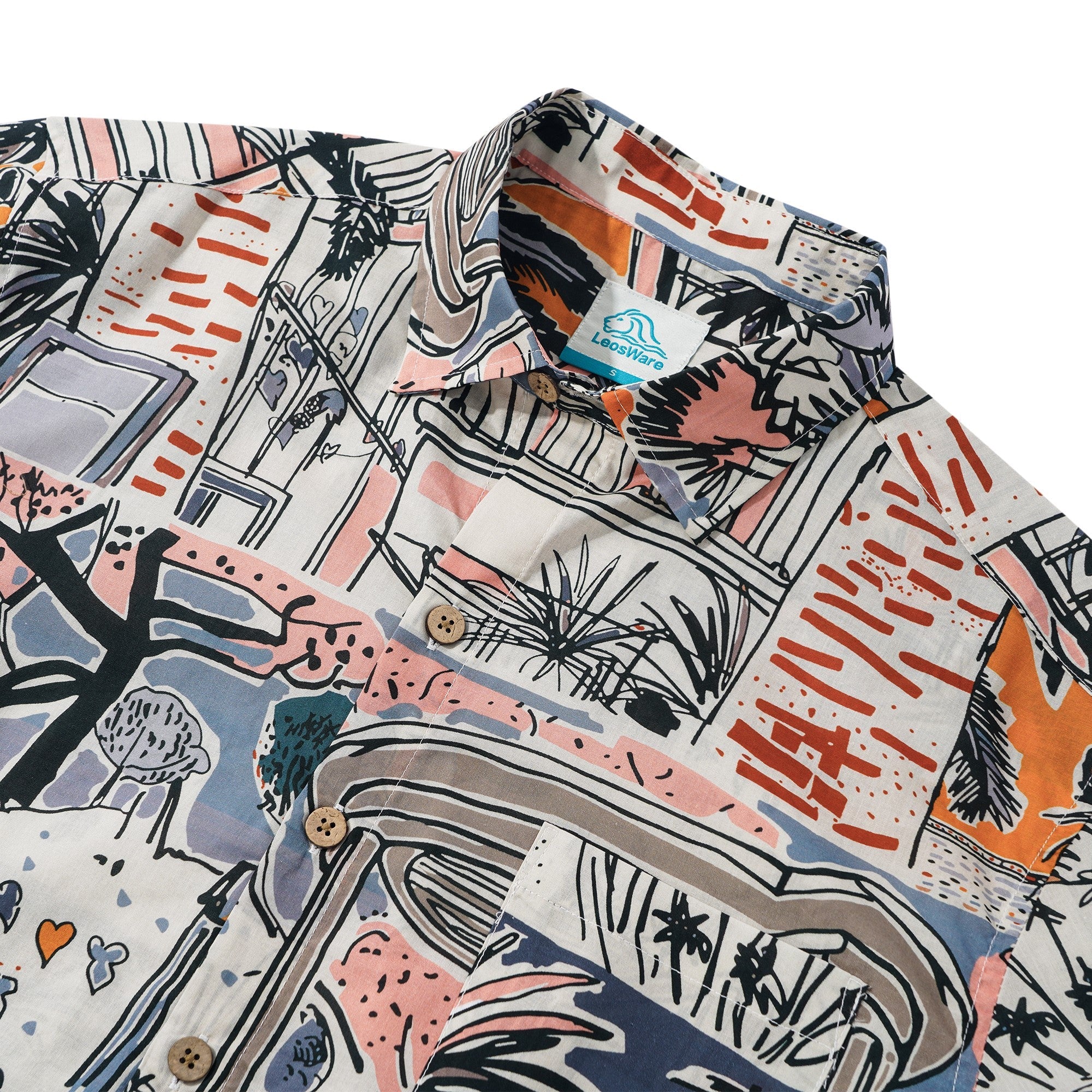 LeosWare® Men's Hawaiian Shirt Short Sleeve Button-up 100% Cotton Blue Aloha Tropical Paradise Getaway By Ethan