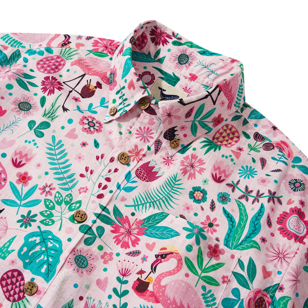 Men's Hawaiian Shirt Short Sleeve Button-down 100% Cotton Aloha Flamingo Petal Escape Flamingo By Cigar