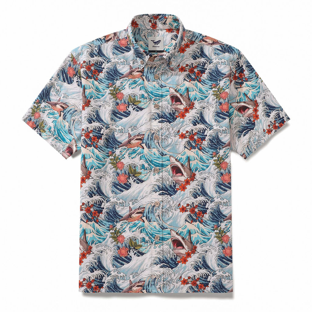 Men's Resort Wear Shirt Turbulence at Sea with Sharks Print Short Sleeve Hawaiian Shirt For Men By Sun