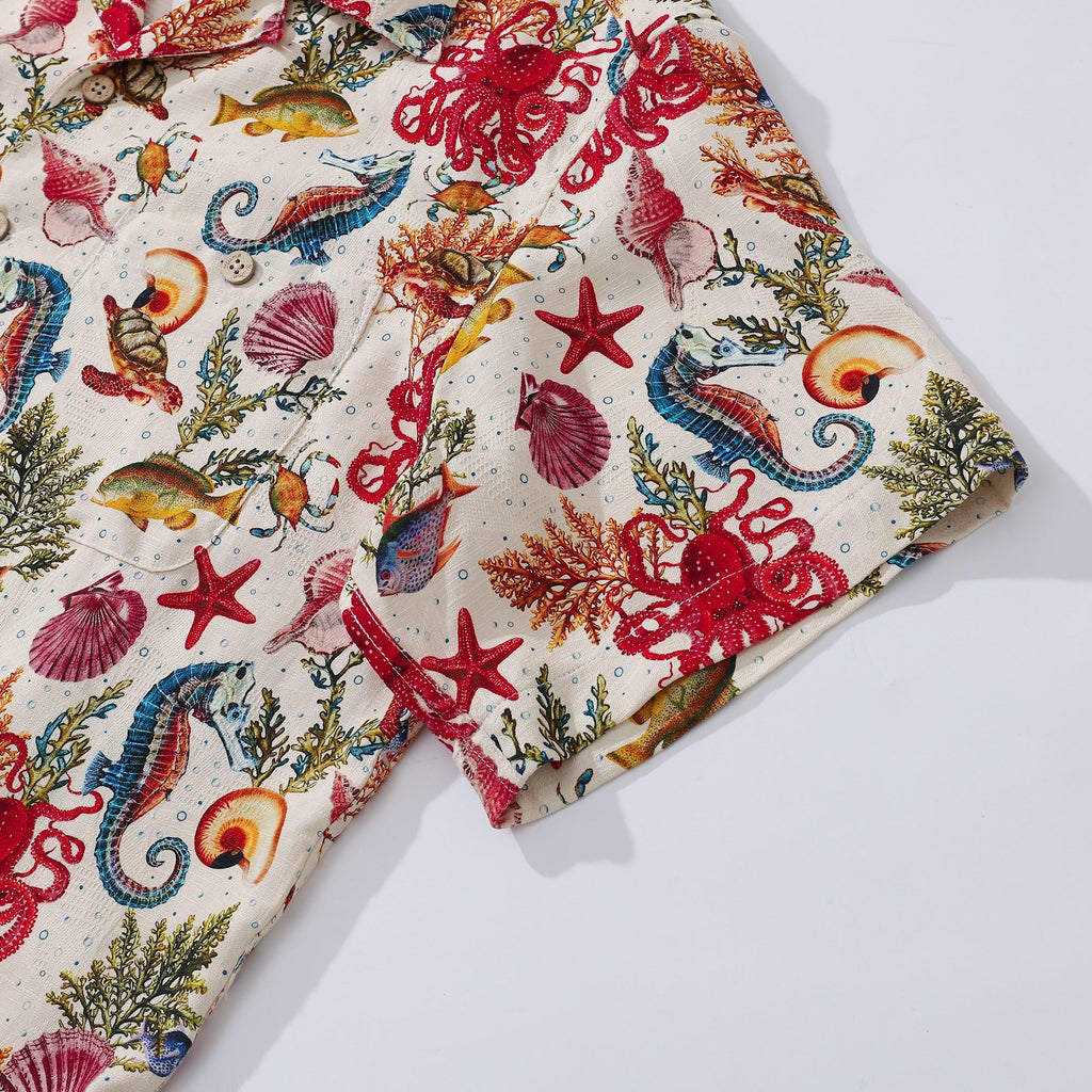 Chemise Aloha en Soie 100 % pour Homme - Impression Vie Marine - Hippocampe et Pieuvre - Col Camp à Manches Courtes par Amy