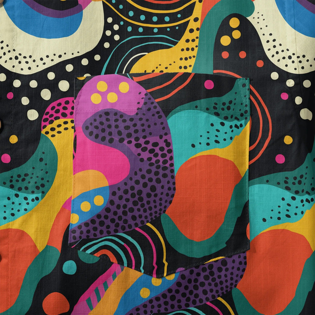 Chemise hawaïenne pour hommes LeosWare® à manches courtes avec boutons 100 % coton noire Aloha Neon Pop Fantasia par Ann