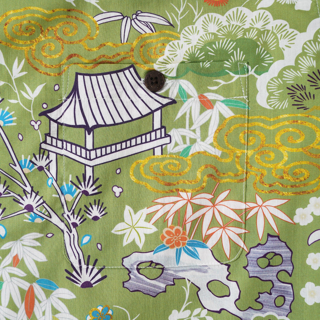 Men's Hawaiian Shirt Short Sleeve Camp Collar 100% Cotton Aloha Enchanting Jade Wilderness By Sylvia
