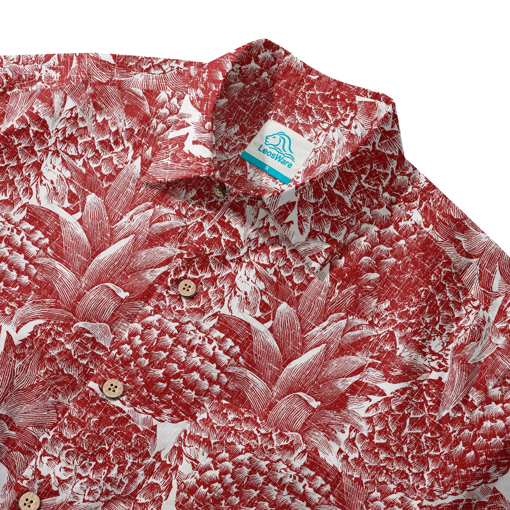 Chemise Hawaïenne à Manches Courtes LeosWare® pour Homme 100% Coton Rouge Aloha Ananas Rouge Linogravure Par Ann