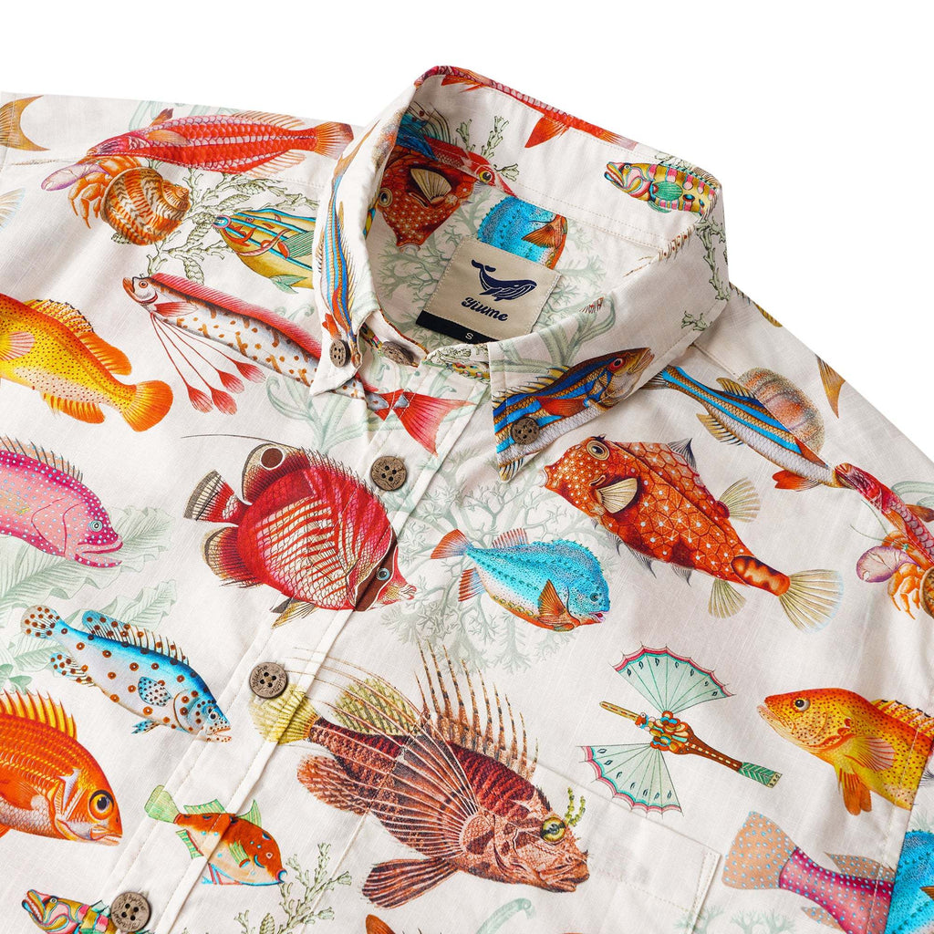 Yiume Men's Tropical Fish Shirt 100% Cotton Hawaiian Shirt Short Sleeve Button-down Beige Aloha Shirt Symphony Of The Sea By Yana