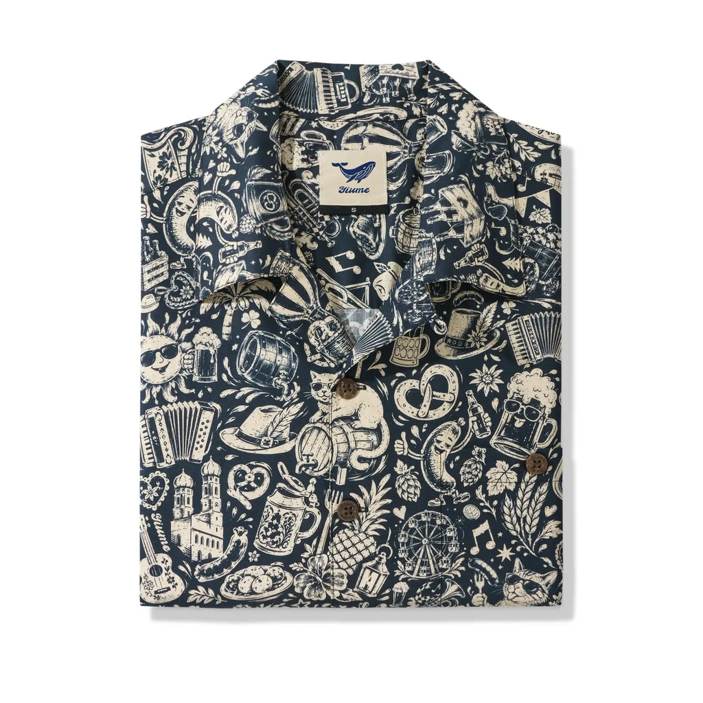 Men's Hawaiian Shirt Short Sleeve Camp Collar 100% Cotton Blue Aloha Vintage Beer Festival Cheer - Blue By Cigar