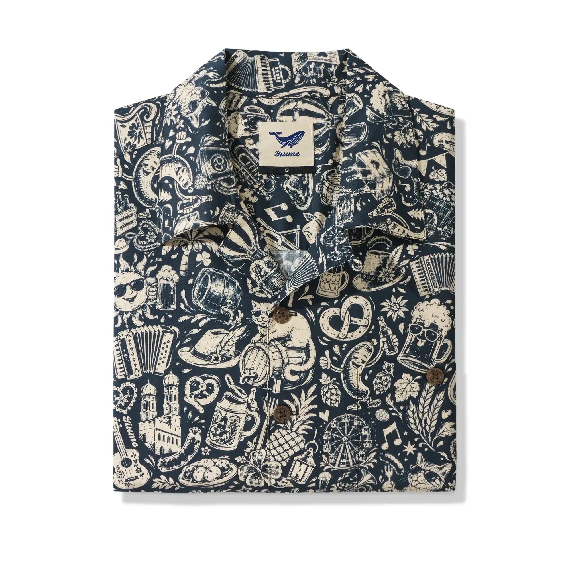 Men's Hawaiian Shirt Short Sleeve Camp Collar 100% Cotton Blue Aloha Vintage Beer Festival Cheer - Blue By Cigar