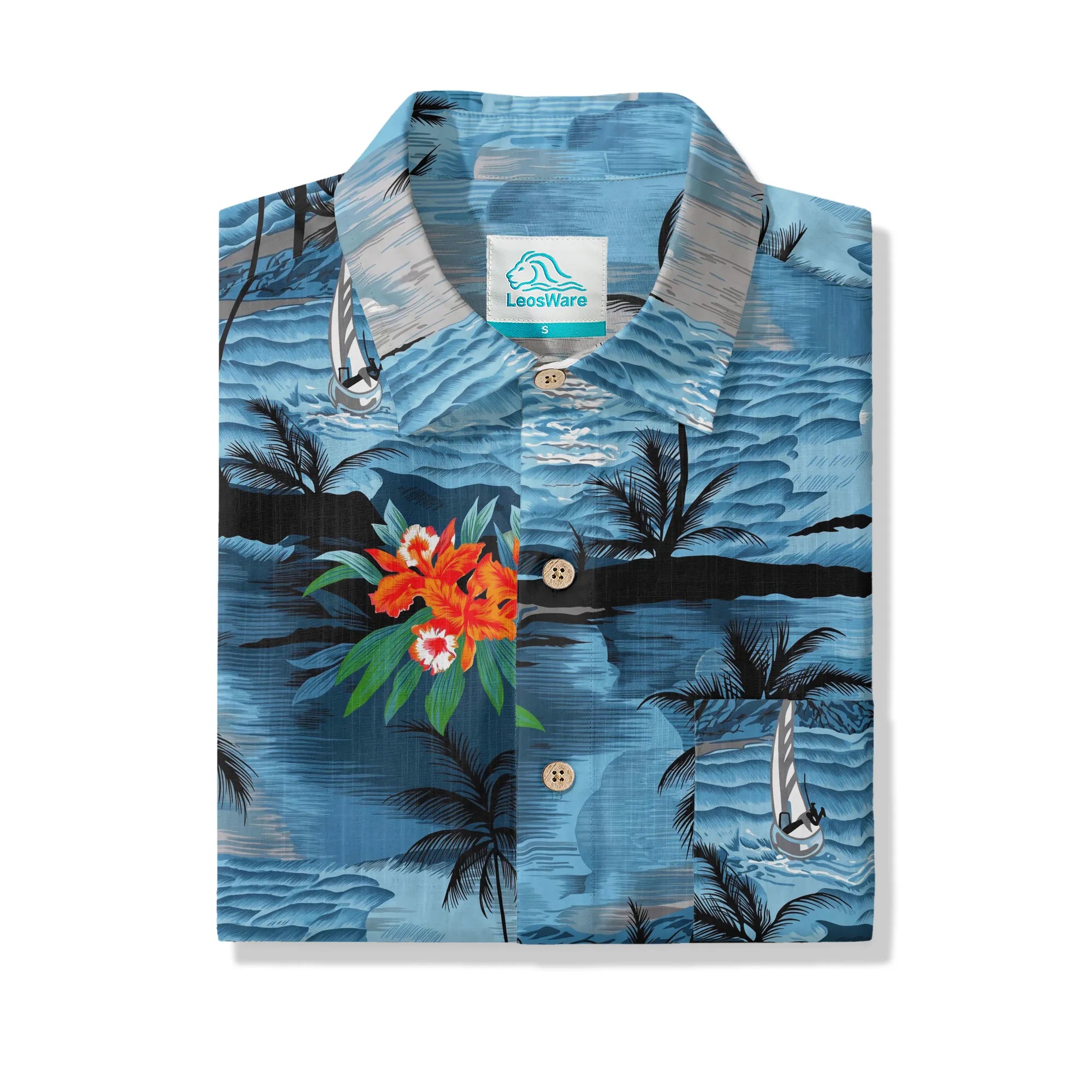 LeosWare® Men's Hawaiian Shirt Short Sleeve Button-up 100% Cotton Blue Aloha Blue-tinged Island Moonlit Night By Ann