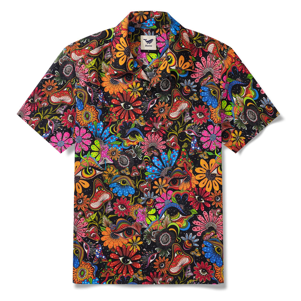 Men's Hawaiian Shirt Short Sleeve Camp Collar 100% Cotton Yellow Aloha Psychedelic Starry Hippie By Mo