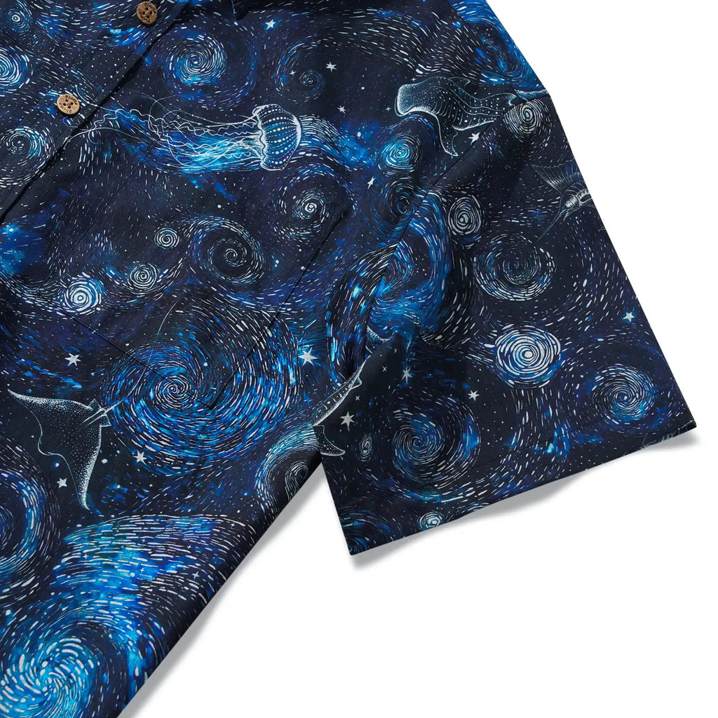 Men's Hawaiian Shirt Short Sleeve Button-down 100% Cotton Blue Aloha Dreams Of The Starry Sea Jellyfish Whale By Mo
