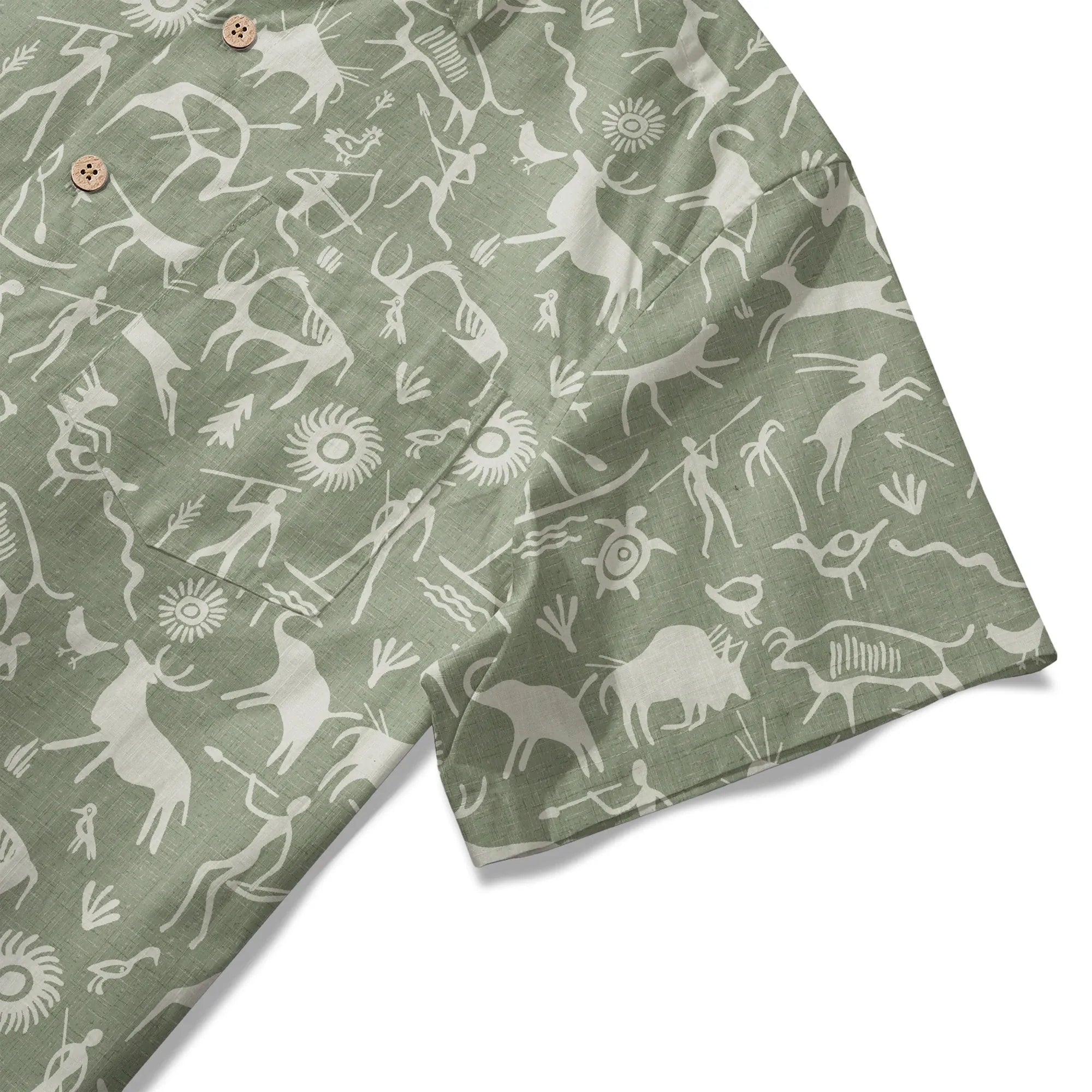 LeosWare® Men's Hawaiian Shirt Short Sleeve Button-up 100% Cotton Green Aloha Sage Green Tribal Rock Painting By Huan huan