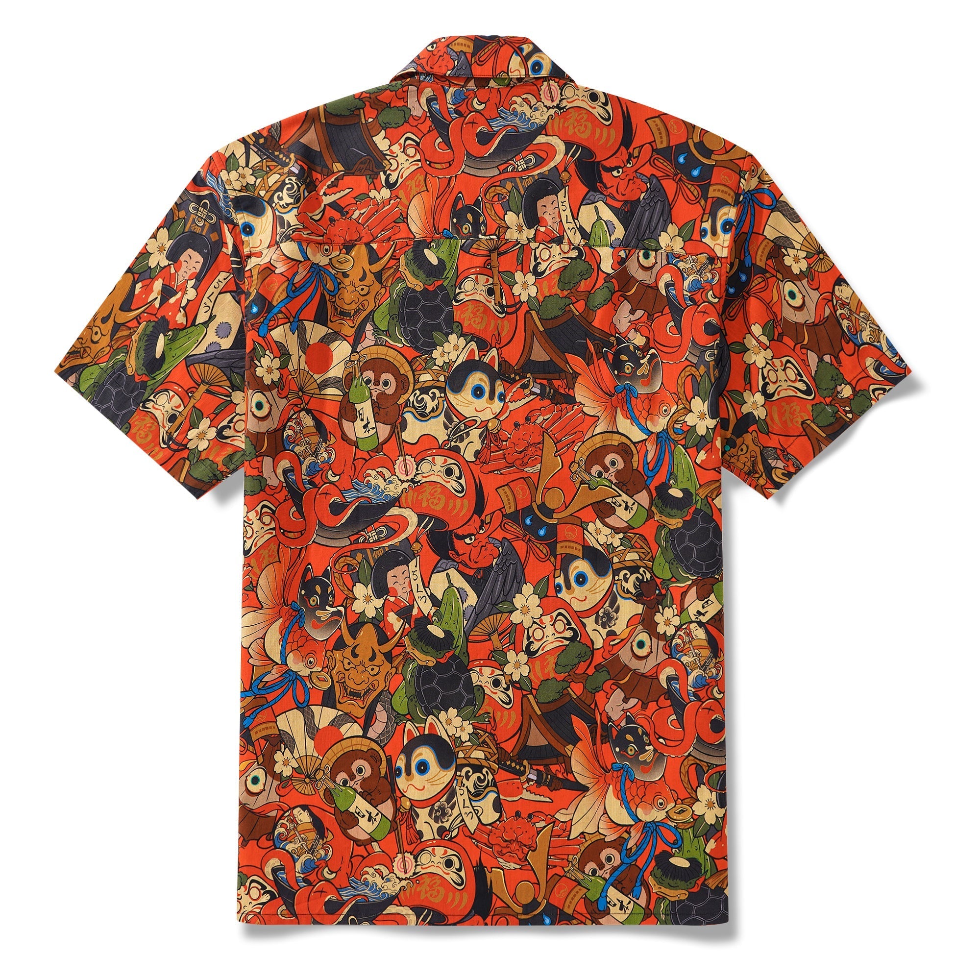 Men's Hawaiian Shirt Short Sleeve Camp Collar 100% Cotton Red Aloha Good Fortune Spirits By Zeke