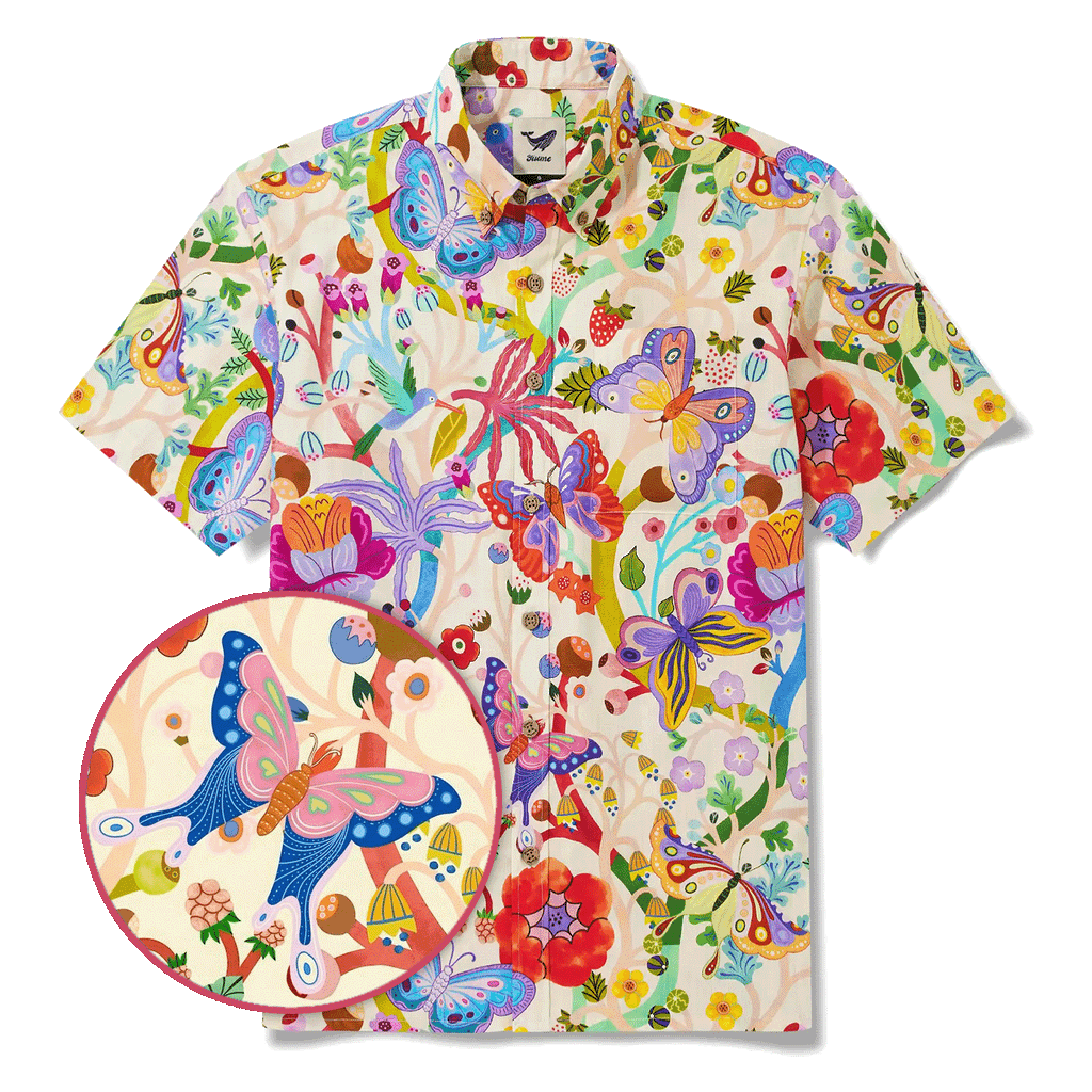 Men's Hawaiian Shirt Short Sleeve Button-down 100% Cotton Blue Aloha Butterfly Whispers By Huan huan