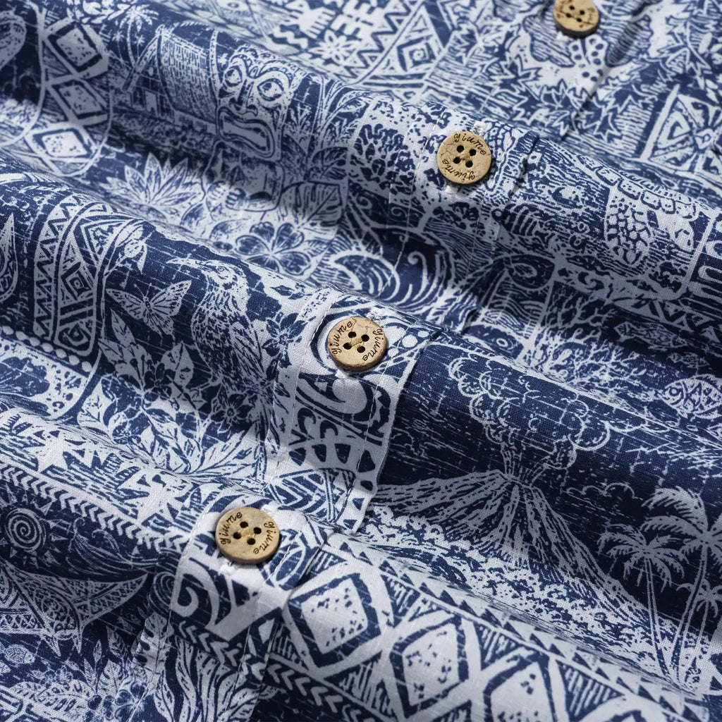 Men's Hawaiian Shirt Short Sleeve Button-down 100% Cotton Blue Aloha Tiki Isle Archive - Navy Blue By Cigar