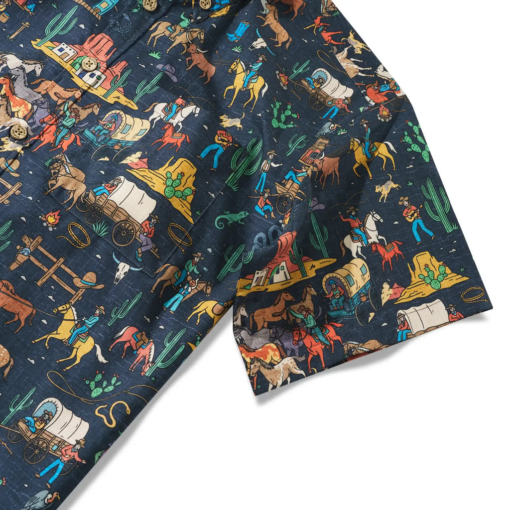 Men's Hawaiian Shirt Short Sleeve Button-down 100% Cotton Blue Aloha Vintage Denim Frontier Town By Huan huan