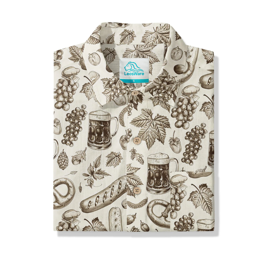 LeosWare® Men's Hawaiian Shirt Short Sleeve Button-up 100% Cotton Beige Aloha Vintage Oktoberfest Sketch By Ann