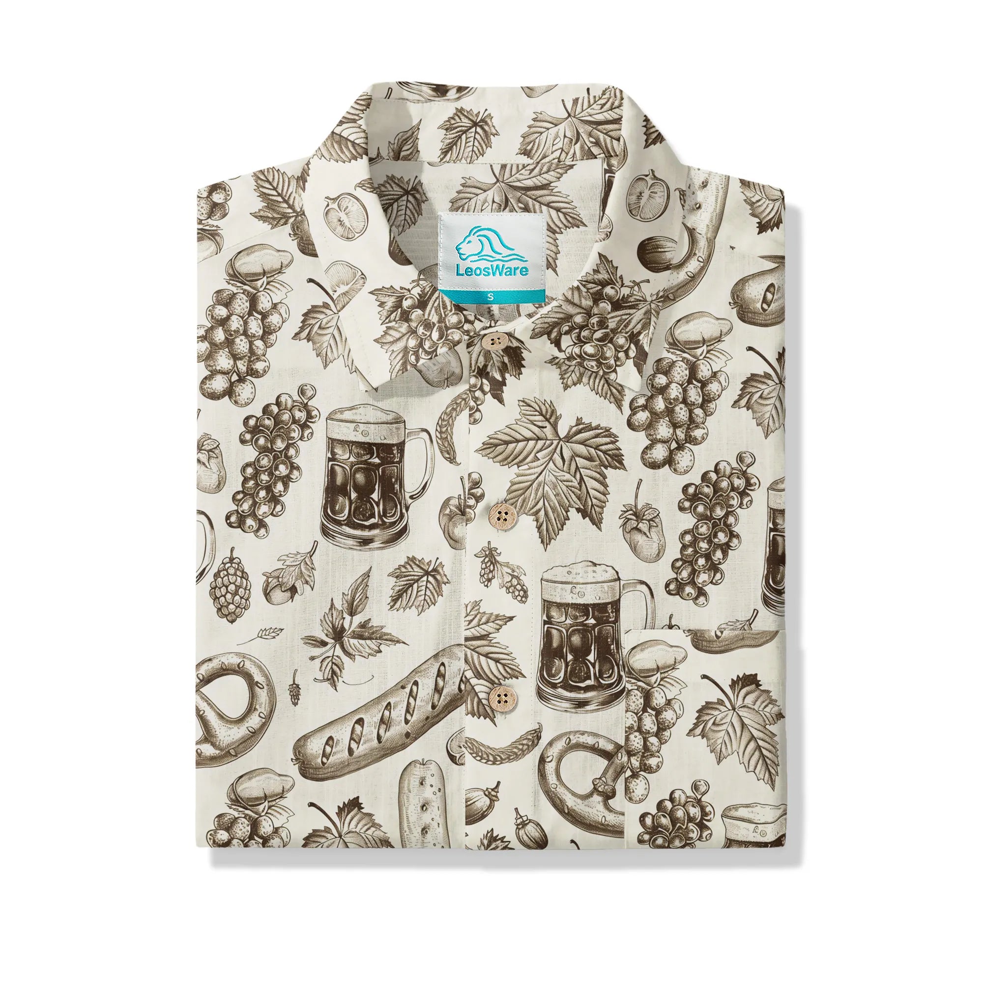 LeosWare® Men's Hawaiian Shirt Short Sleeve Button-up 100% Cotton Beige Aloha Vintage Oktoberfest Sketch By Ann