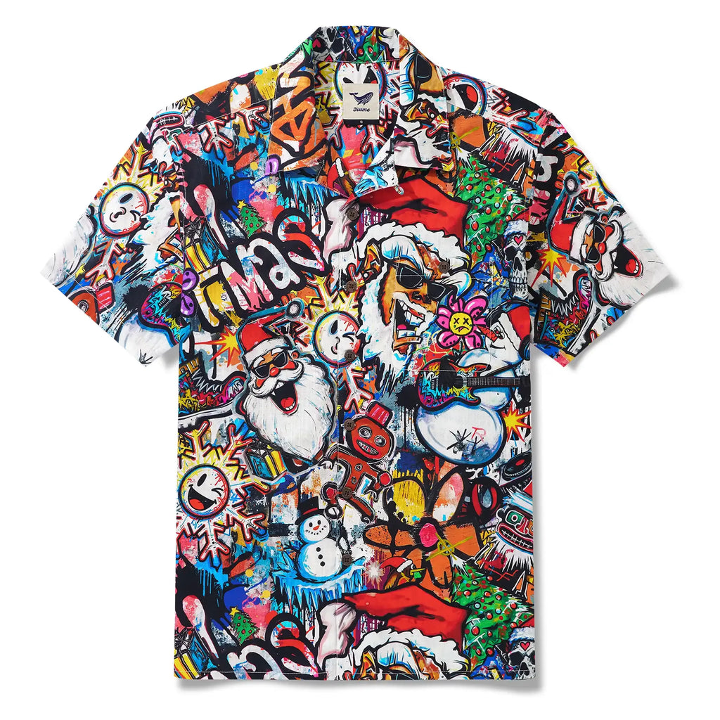 Christmas Gift Men's Hawaiian Shirt Short Sleeve Camp Collar 100% Cotton White Aloha Laughing Santa Xmas Fiesta By Huan huan